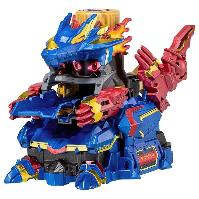  Blue and red dragon-themed Bottlman toy with a bottle cap on top.