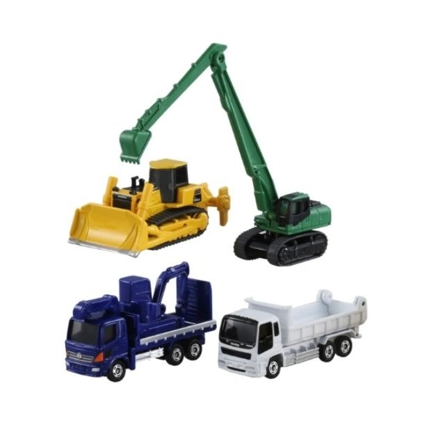 Toy construction vehicles: bulldozer, excavator, crane truck, and dump truck.