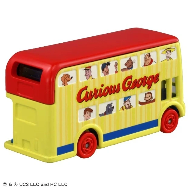  Curious George double-decker toy bus, yellow with red roof and wheels.