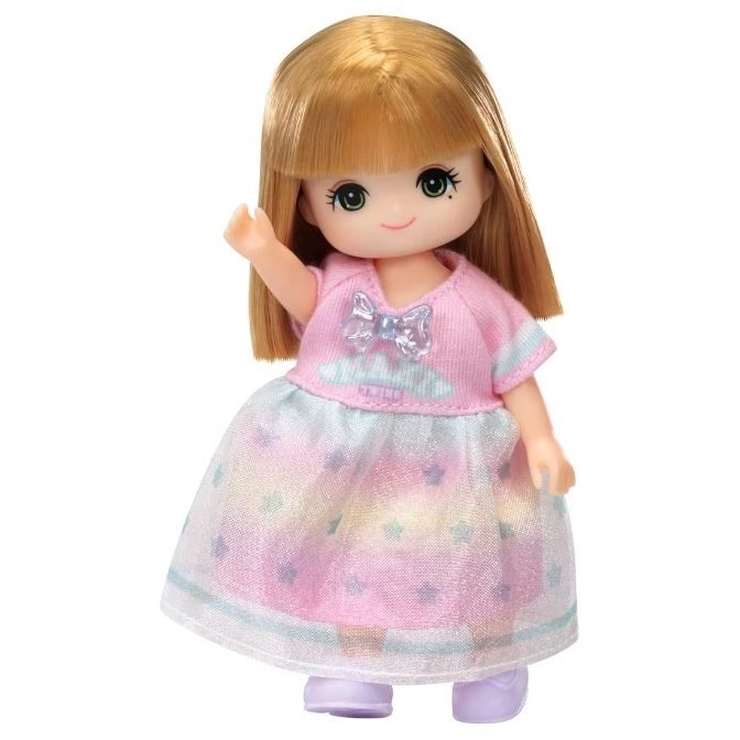  Doll with blonde hair, pink dress with stars, and a clear bow, waving.