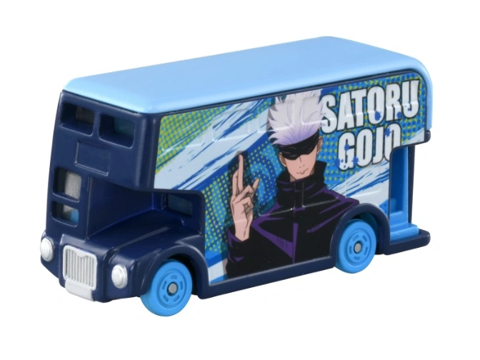 Satoru Gojo double-decker toy bus with character art and blue accents.