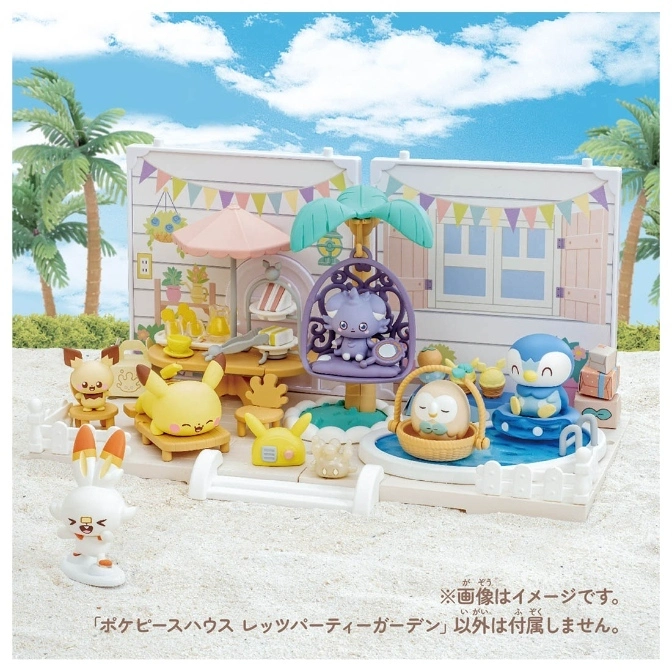  Pokémon playset with Pikachu, Piplup, and other figures in a beach party setting with palm trees and a pool.