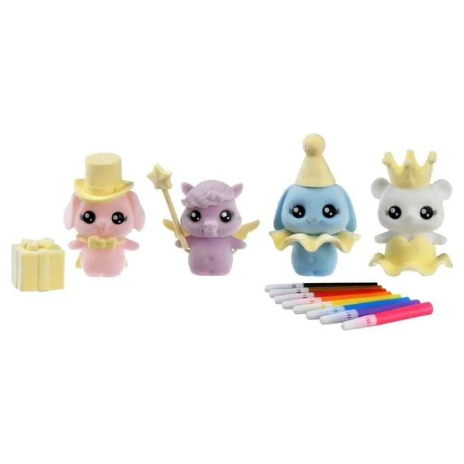 Four flocked animal figures with markers and a gift box. The figures are wearing hats, crowns, and wings.