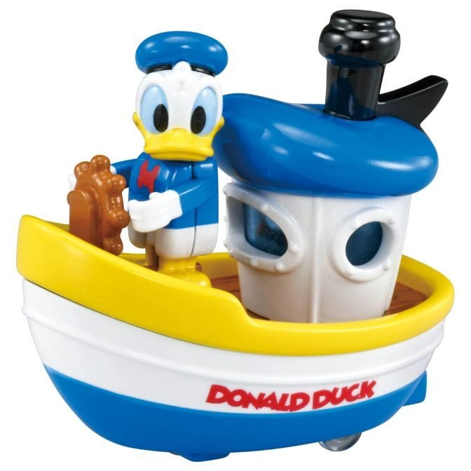 Donald Duck toy boat with Donald at the helm, featuring blue, white, and yellow colors.