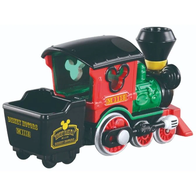  Disney Motors toy train with Mickey Mouse details, red, green, and black.