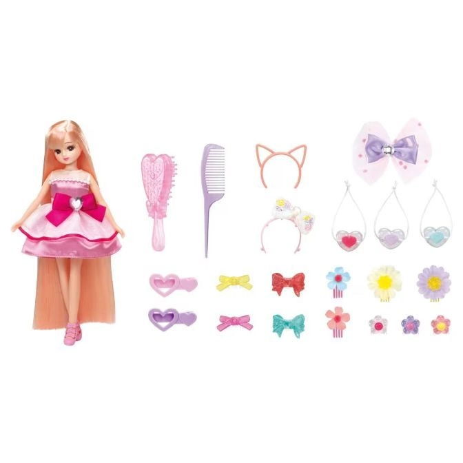  Doll with pink dress and accessories: comb, bows, headbands, and flower clips.