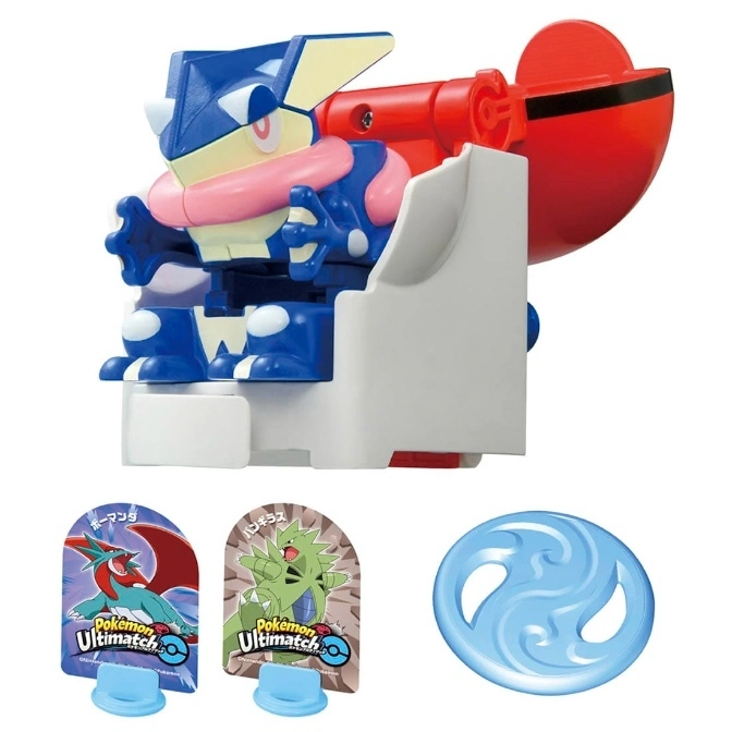 Greninja Pokémon toy with cards and a water-style disc, ready for battle.