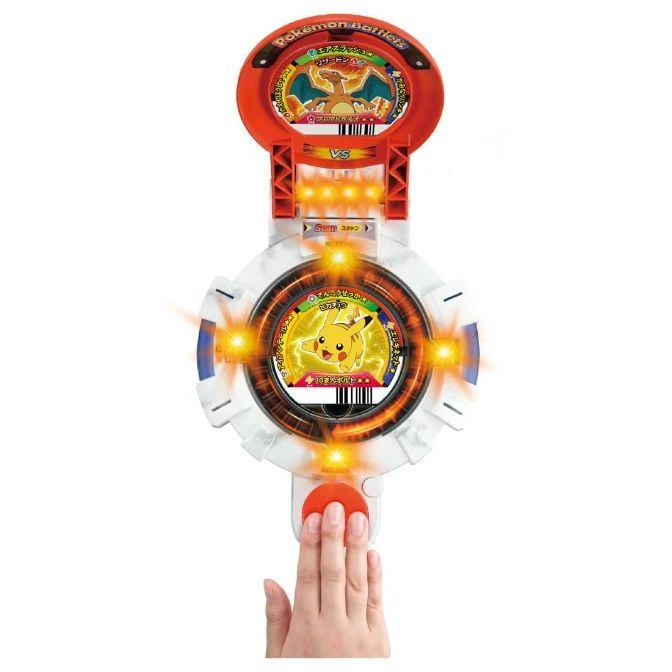  Pokémon Battlers toy with Charizard and Pikachu cards, lights, and a hand pressing the button.