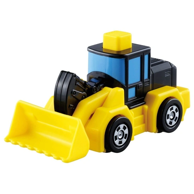 Yellow toy bulldozer with black wheels and blue windows.