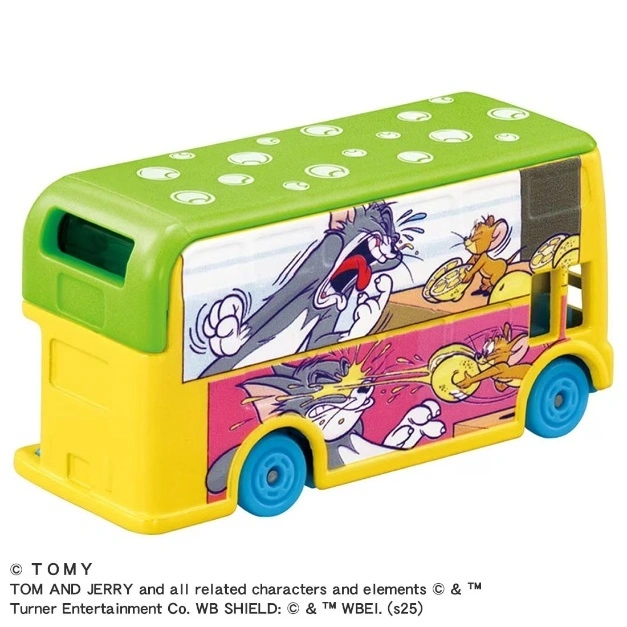  Tom and Jerry themed toy bus with cartoon graphics, green roof, yellow body, and blue wheels.