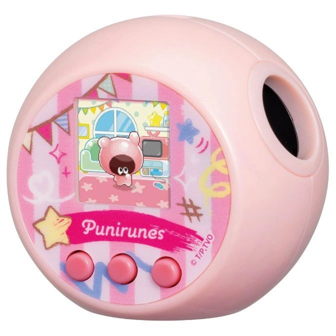 Pink Punirunes virtual pet toy with screen showing a cartoon character in a room.