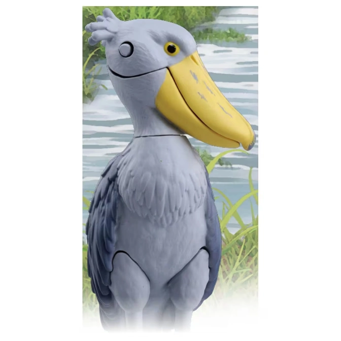  Shoebill stork toy with yellow beak, grey body, and jointed legs, set against a watery backdrop.