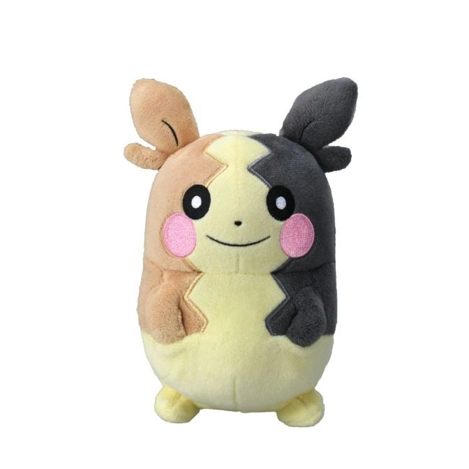 Morpeko plush toy with brown and gray fur, pink cheeks, and a smiling face.