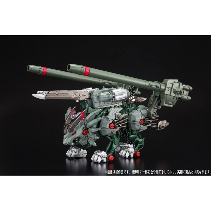  Green Zoids wolf toy with missile launchers on its back, standing on a black surface.