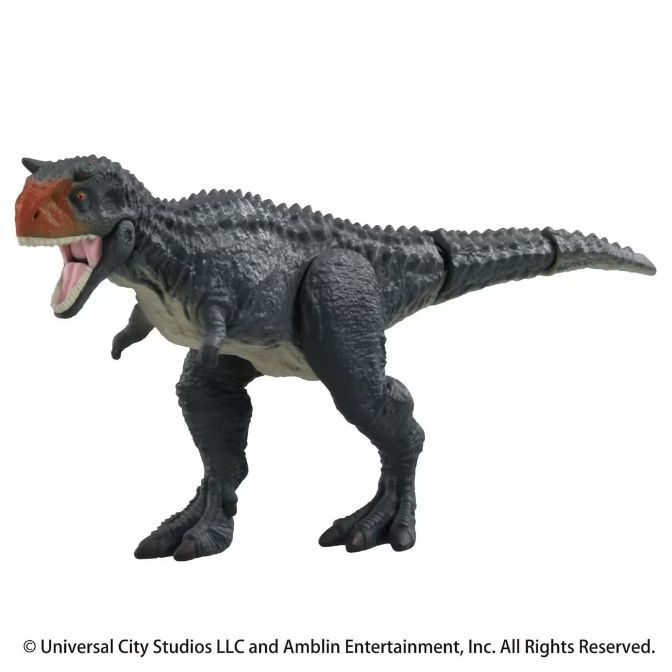  Gray dinosaur toy with red head and open mouth.