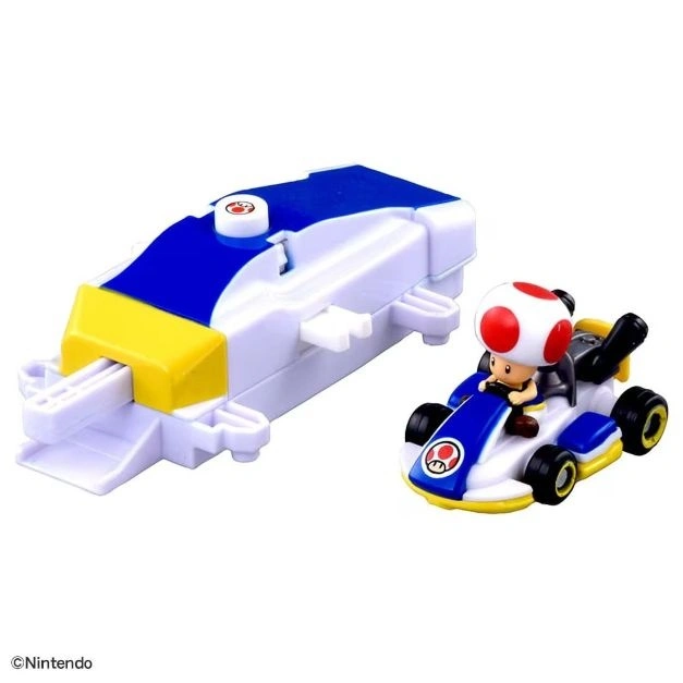 Toad in a Mario Kart with launcher. A toy car and launcher set.