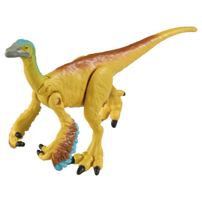  Yellow dinosaur toy with blue accents, standing.