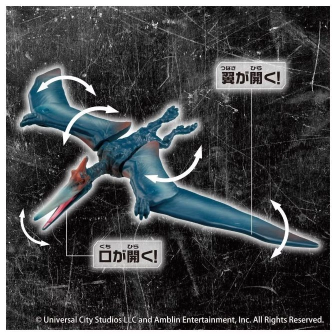  Blue Pteranodon toy with articulated wings and mouth, shown with arrows indicating movement.
