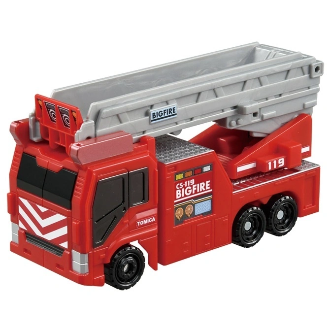  Red Tomica fire truck toy with a gray ladder labeled "BIGFIRE".
