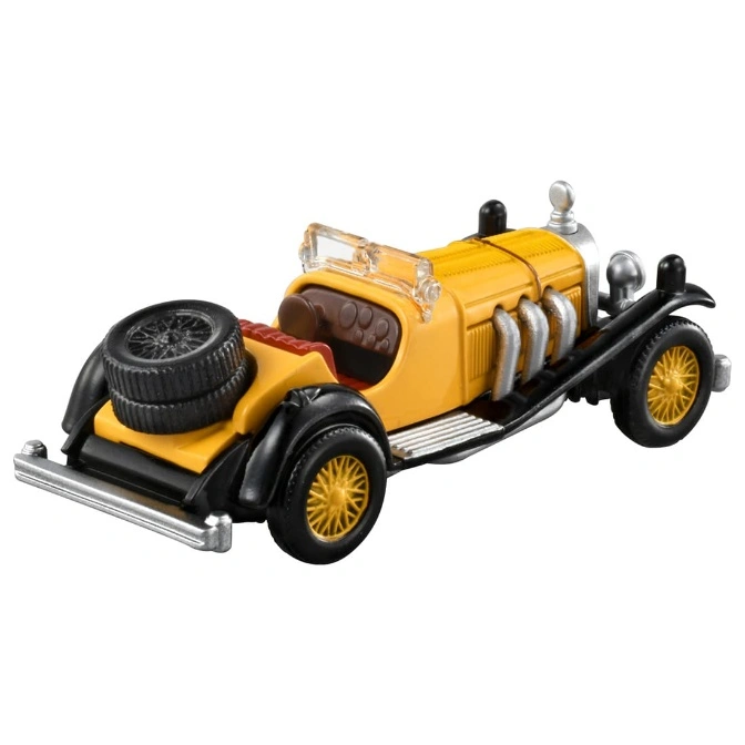  Yellow and black toy vintage car with spare tire on the back.