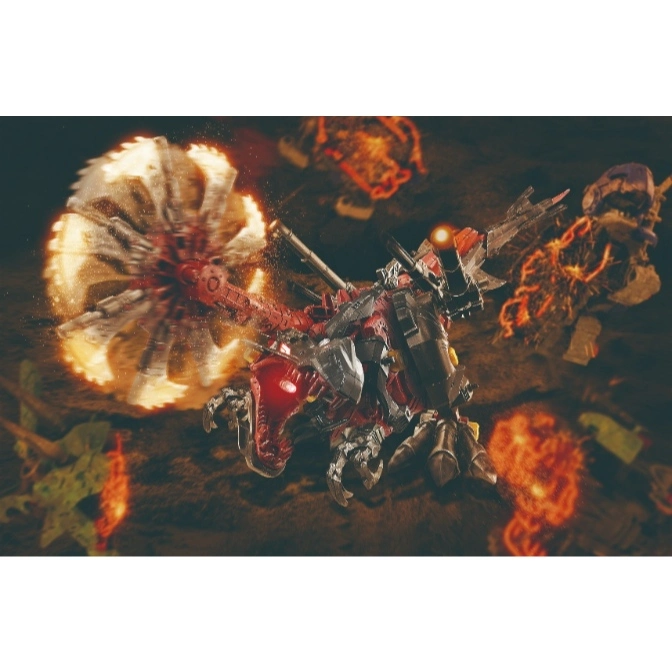  Dinosaur robot toy with a spinning saw blade, red eyes, and dark grey and red armor.