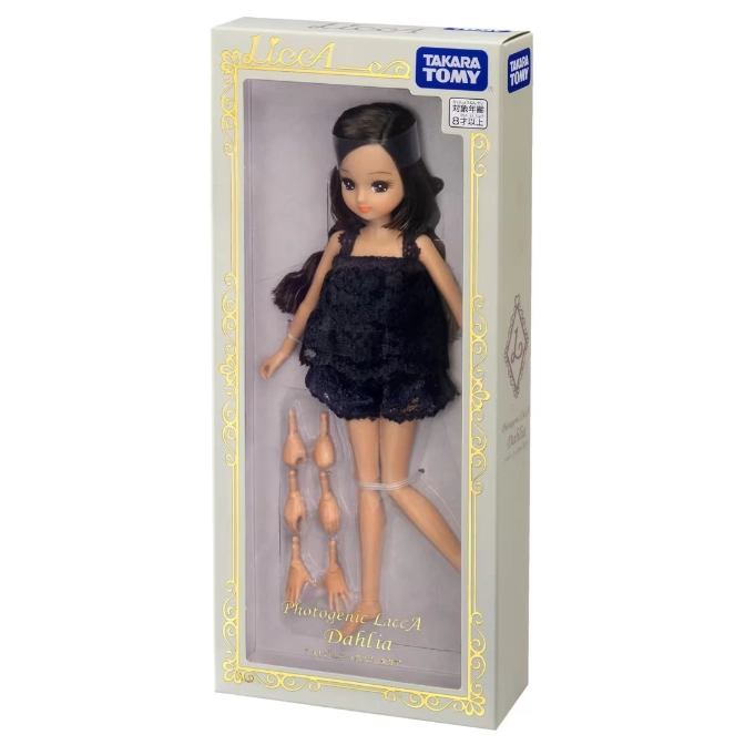  LiccA Dahlia doll in box with extra hands. Doll wears a black lace outfit.