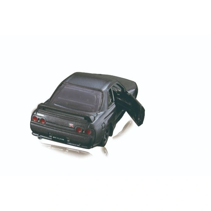  Black toy Skyline R32 with an open door, showcasing its interior.