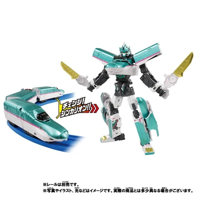  Green toy train transforming into a robot with swords, on a white background.
