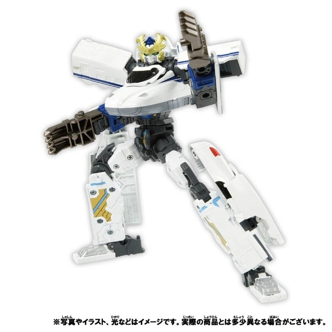  White and blue transforming toy robot with train parts, posed with arms raised.