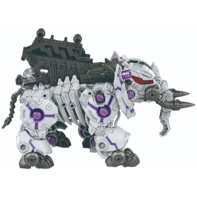  White robotic elephant toy with purple accents and a large gun on its back.