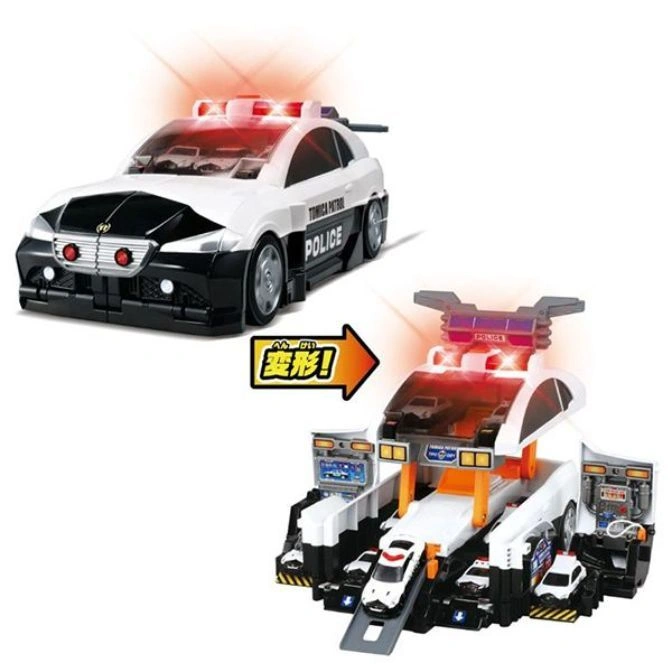  Tomica Patrol car transforming into a police station playset with miniature cars.