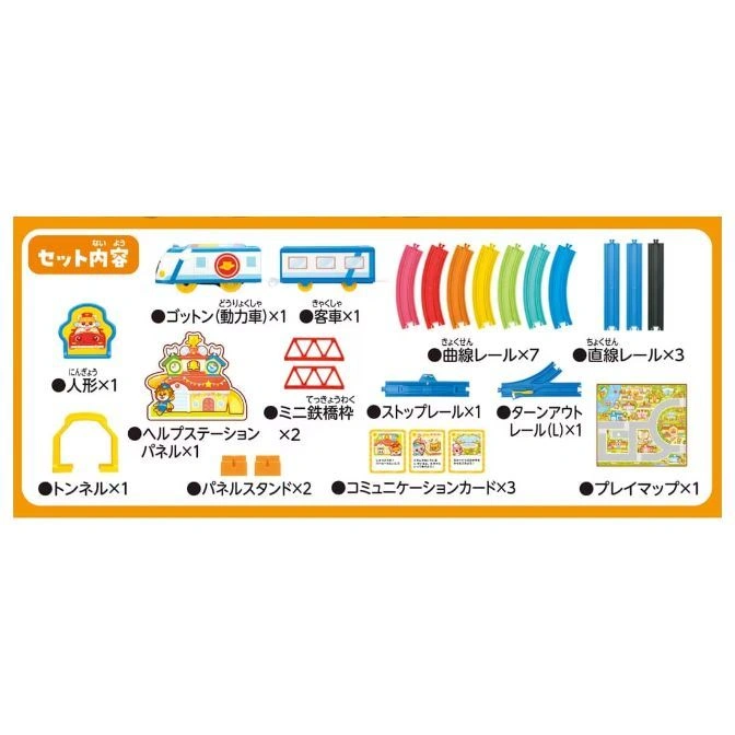  Toy train set: engine, car, tracks, tunnel, station, bridge, figure, map, and cards.