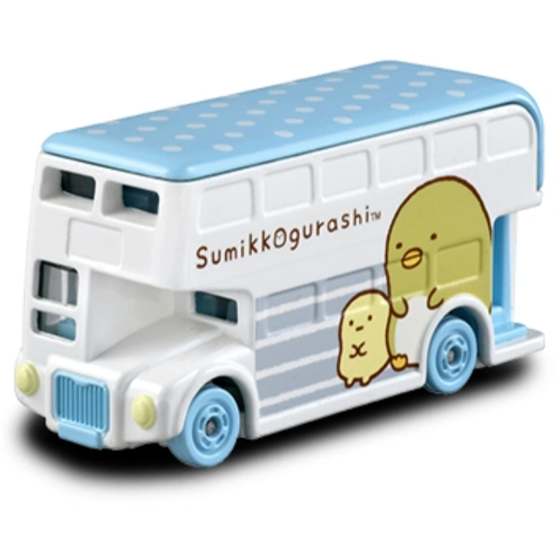 Sumikkogurashi double-decker toy bus with character graphics, light blue roof and wheels.