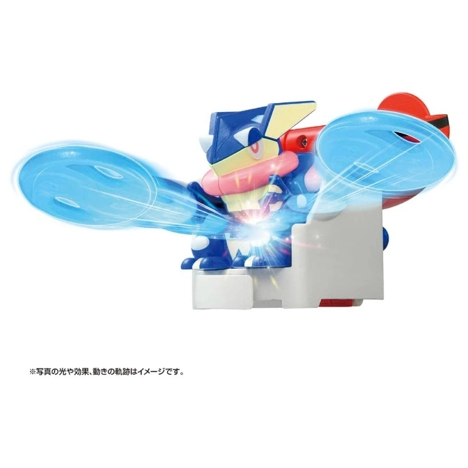  Greninja toy firing water projectiles from a launcher, showcasing its action feature.