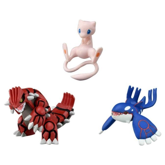 Three Pokémon figures: Mew floating, Groudon standing, and Kyogre swimming.