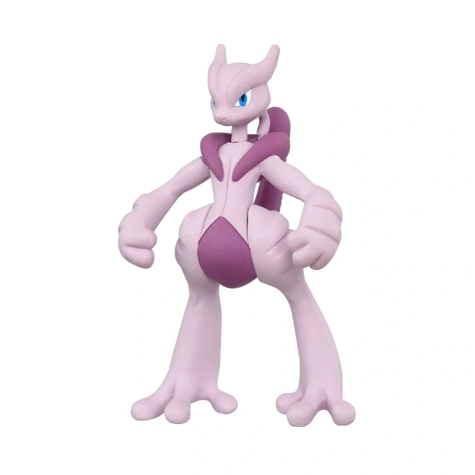 Mewtwo figurine standing, light purple with dark purple accents, blue eyes.
