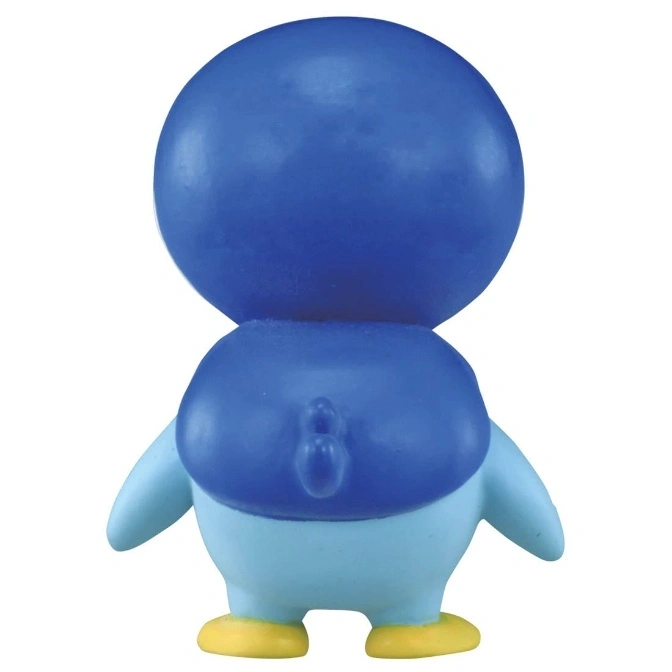  Rear view of a Piplup toy figurine with a blue head and back, light blue body, and yellow feet.