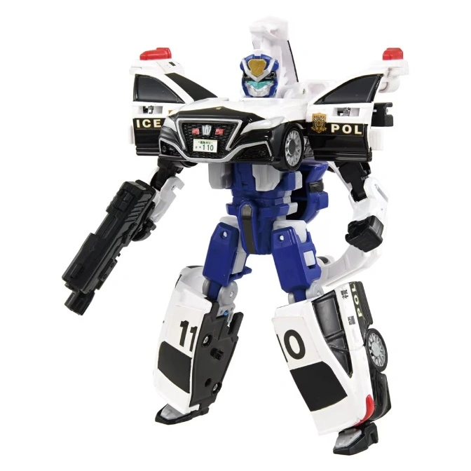  Police car transformer toy with blue and white color scheme, holding a black gun.