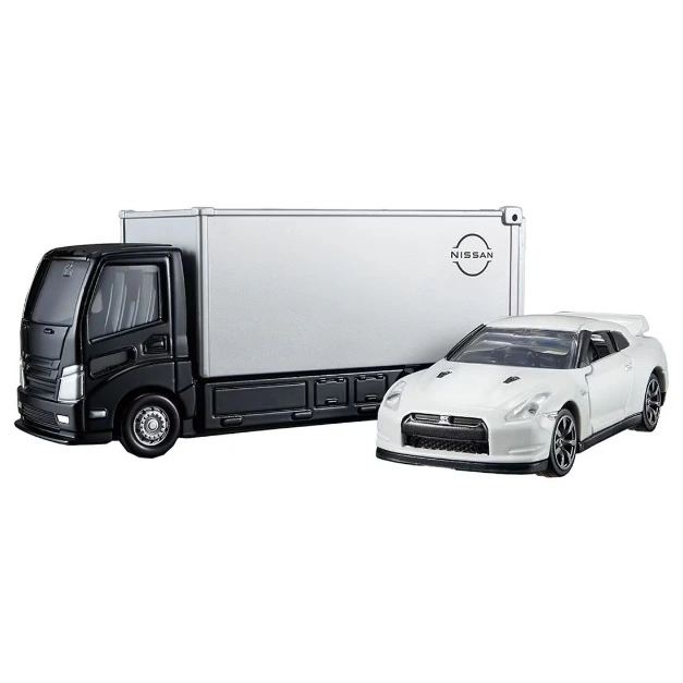 Toy Nissan truck with container and white GT-R car.