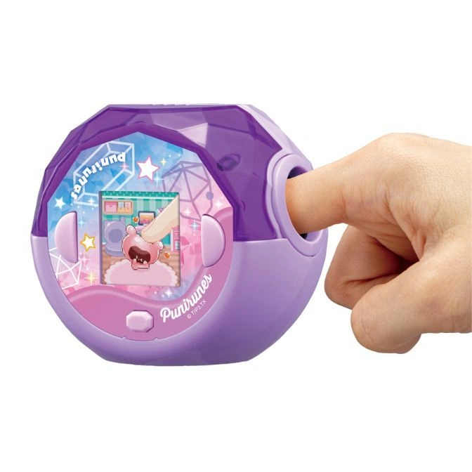  Purple Punirunes toy with a finger inserted, showing a character on screen.