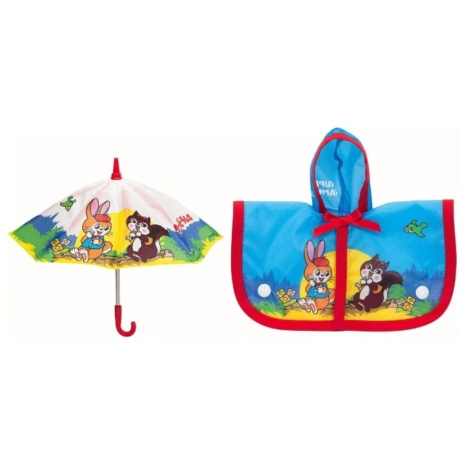  Children's umbrella and poncho set with cartoon rabbit and squirrel design.