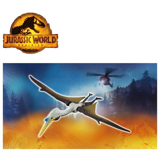 Jurassic World Dimorphodon toy flying with a helicopter in the background.
