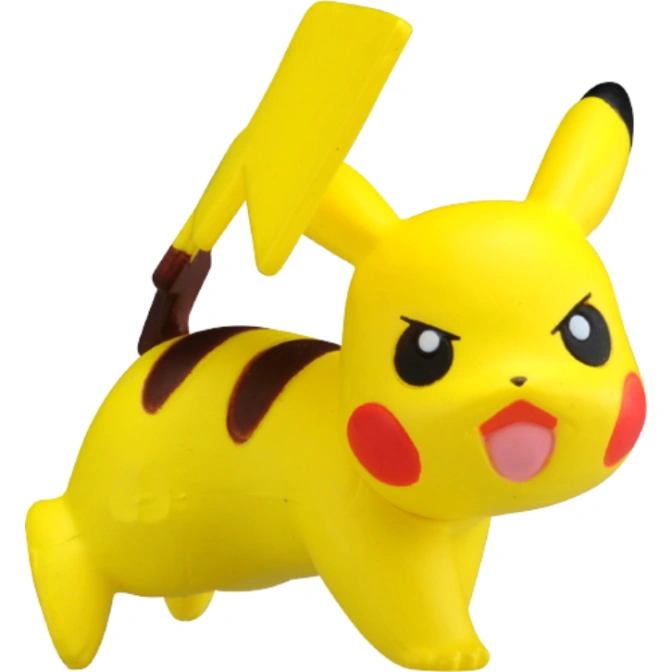 Yellow Pikachu toy with red cheeks, brown stripes, and a lightning bolt tail.