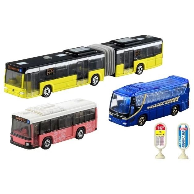 Toy bus set: yellow articulated bus, pink bus with roses, blue coach, and bus stop signs.