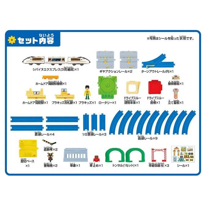  A product image displaying the contents of a toy train set. The set includes a Shiba Inu Express train, various types of tracks (straight, curved, and half-length), a rotary track, gear action rails, a turnout rail, a home door opening/closing station, a Brakids ticket gate station, a Brakids figure, a drive-through building body, a drive-through roof, a standing sign, a level crossing base, crossing bars, warning lights, a garage, a car stop, a tunnel set, single-track girder columns, and a sticker sheet.