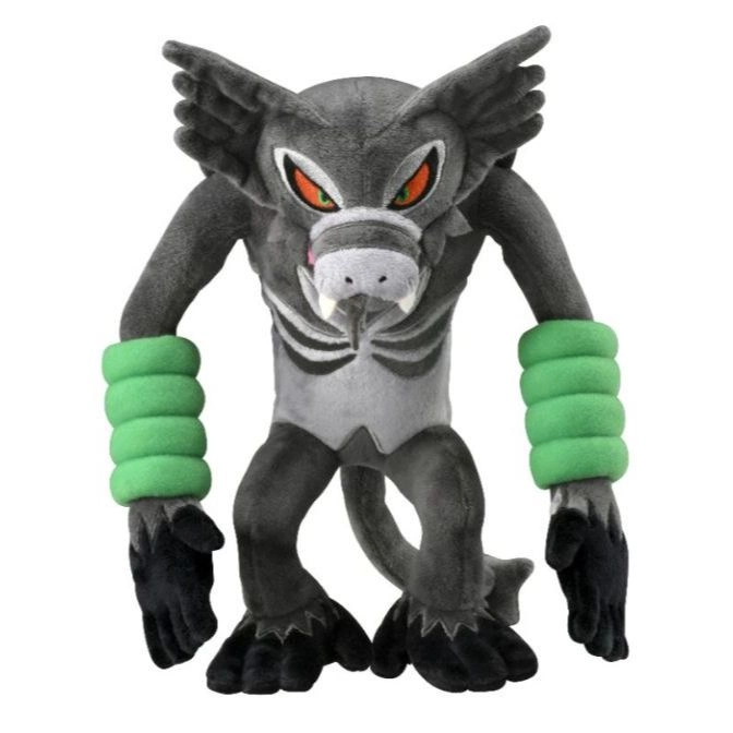 Zoroark plush toy with green wristbands, grey fur, and orange eyes.