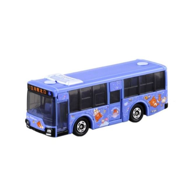 Blue toy bus with cartoon bear decals and black wheels.