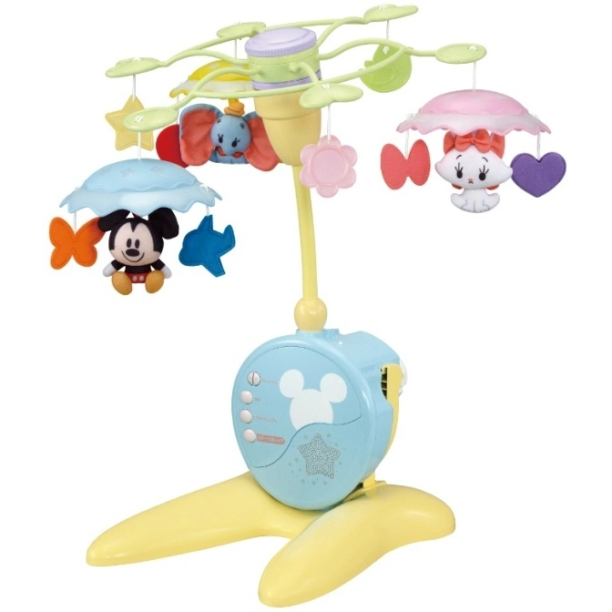 Disney baby mobile with Mickey, Dumbo, and Marie characters hanging from a rotating canopy.