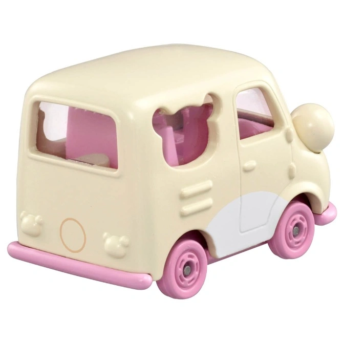  Cream-colored toy van with pink wheels and bear-shaped details.