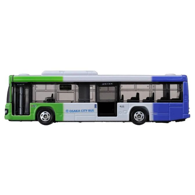  Osaka City Bus toy model, green front, white middle, blue rear.